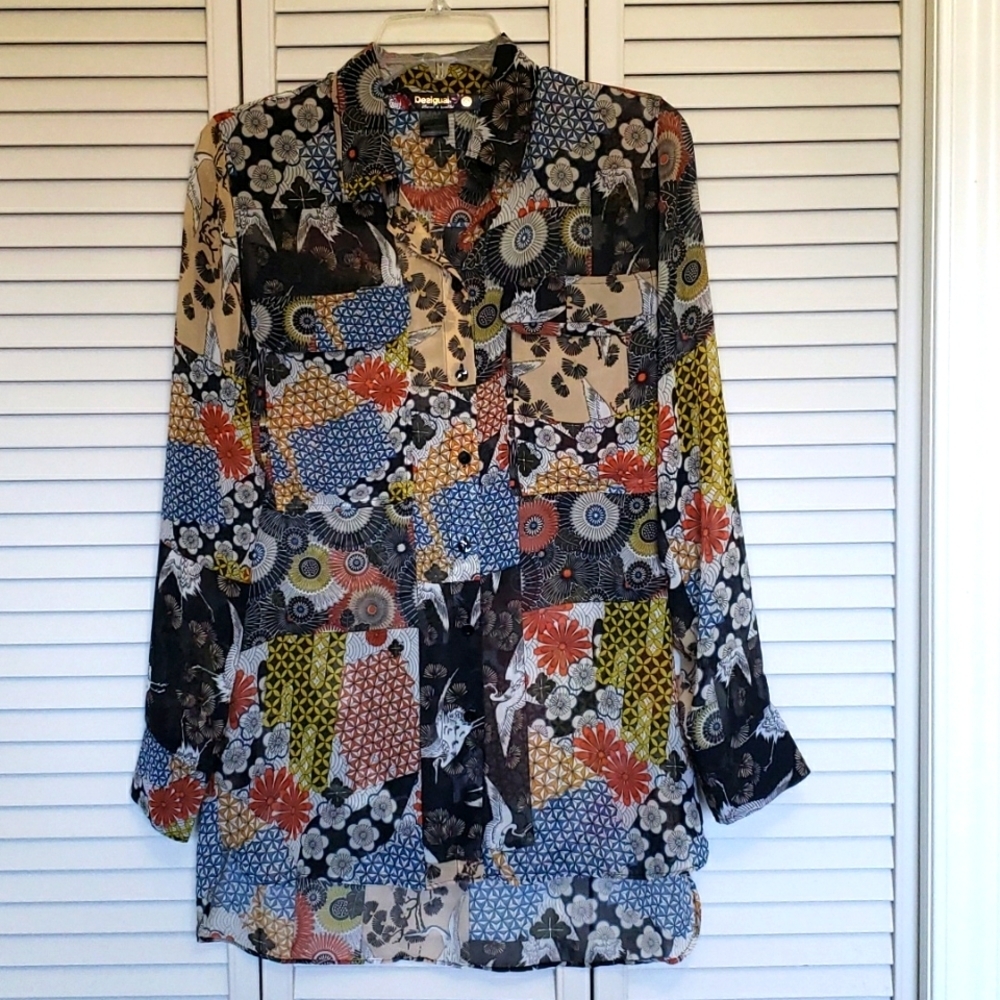 Desigual Dark Floral Abstract Print Sheer Button Front Tunic Blouse, Siz…